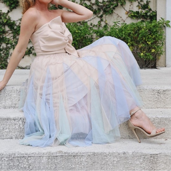 COLOR BLOCK PANELLED MESH FRILLING MAXI SKIRT IN APRICOT small/medium - Picture 14 of 16